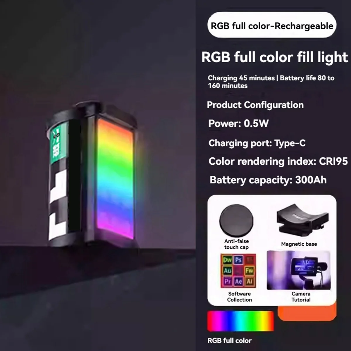New RGB Fill Light RGB LED Light Magnetic Mount Full Color Retro Film Style Mini LED Video Light 300mAh Cold Shoe