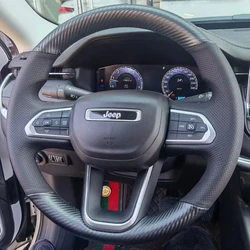 Custom Car Steering Wheel Cover for Jeep Compass 2021 2022 2023 2024 Hand-Stitch Leather&Carbon Fiber Interior Accessory