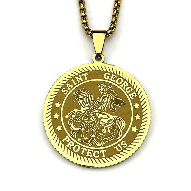 سانت جورج حماية لنا ميدالية قلادة قلادة النساء الرجال الفولاذ المقاوم للصدأ الذهب اللون المسيحية سلسلة تميمة مجوهرات هدية حفلة