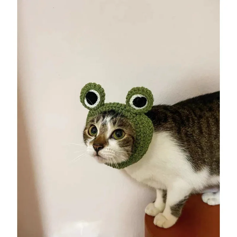 Button Frog Head Cover Handmade Knitted Cat Cartoon Head Cover Woolen Knitted Funny Headwear