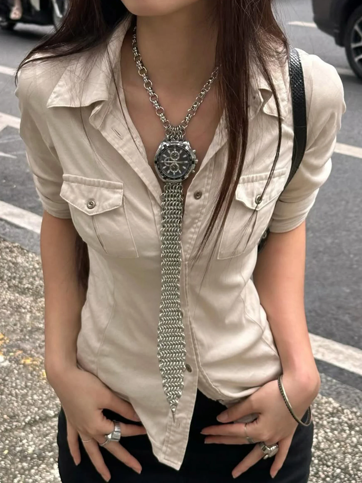 ملابس عمل نسائية ذات لون نقي من irt بأزرار Sle Kit Five Sve Street Sle مزيج من القطن كاجوال Faion