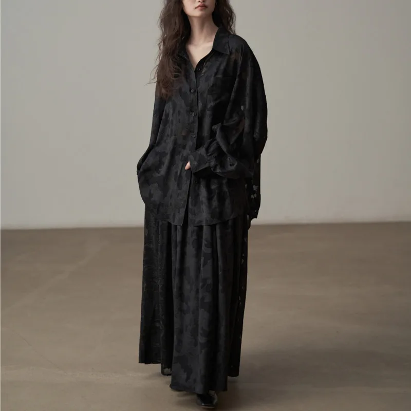 KWTX 2025 Nieuwe Vintage Getextureerde Jacquard Blouse & Midi Rok Set Vrouwen Lente Zomer Bloemen Kant Elegant Office Casual Outfit