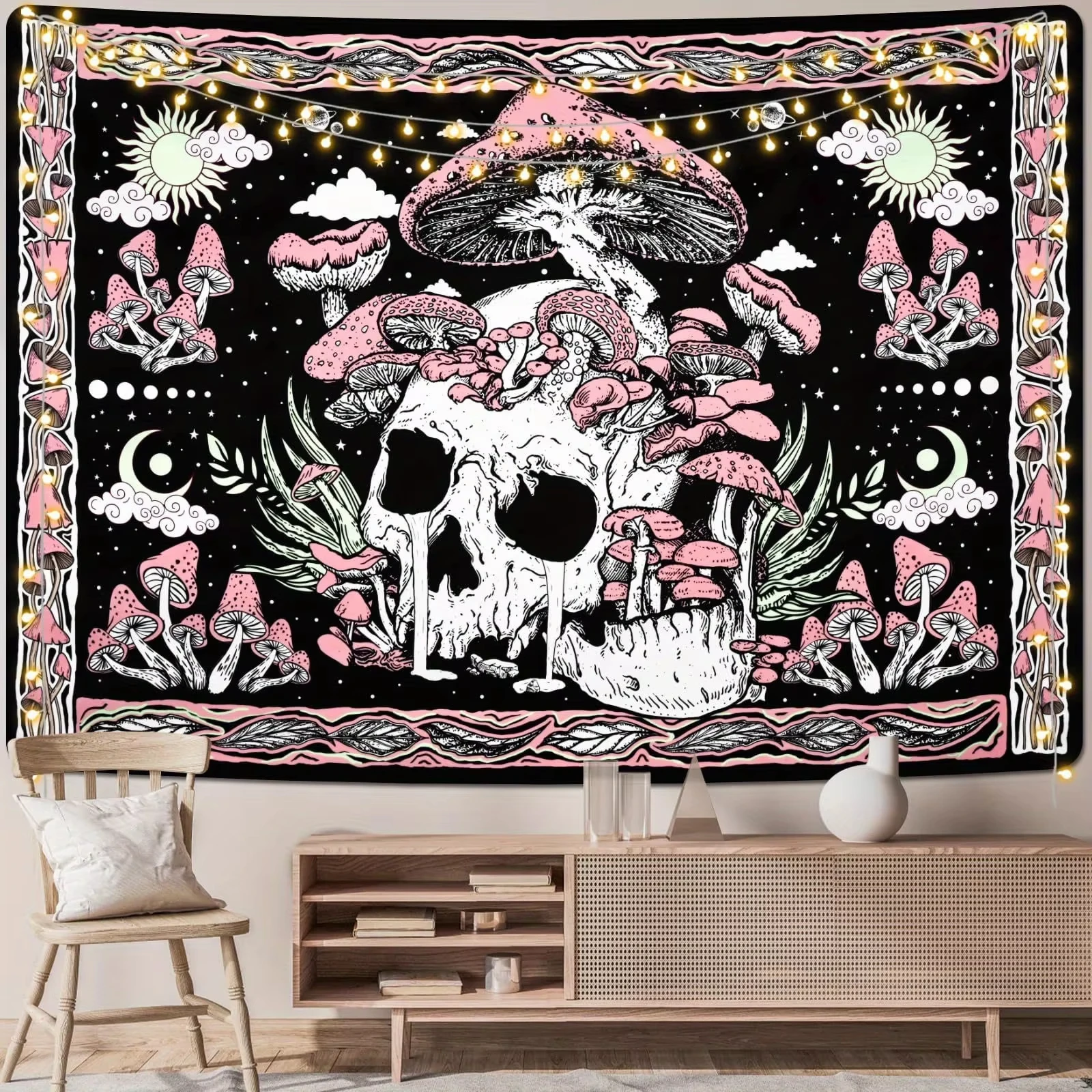 Vintage Totenkopf-Pilz-Wandteppich, Bohemian-Kunst Wandbehang für Schlafzimmer, Studio und Heimdekoration