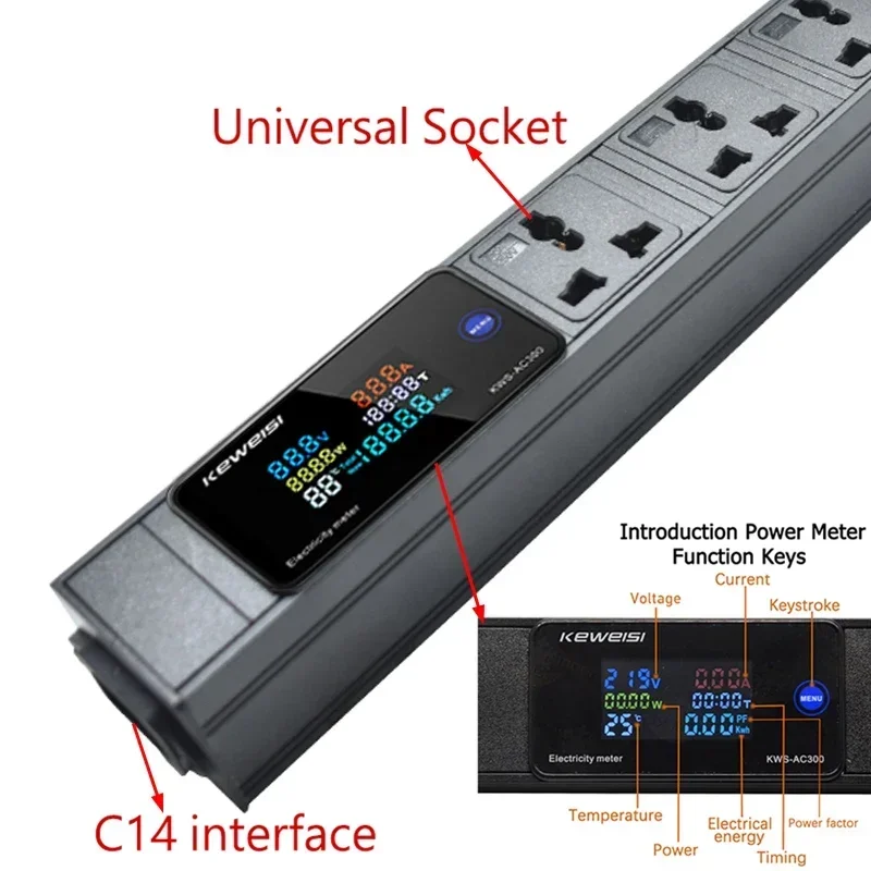 Удлинитель 2 порта USB 2/3/4/5/6/7/8/9/10/11 патронов Универсальная розетка C14 интерфейс Вольтметр Амперметр KWS Измеритель энергии мощности