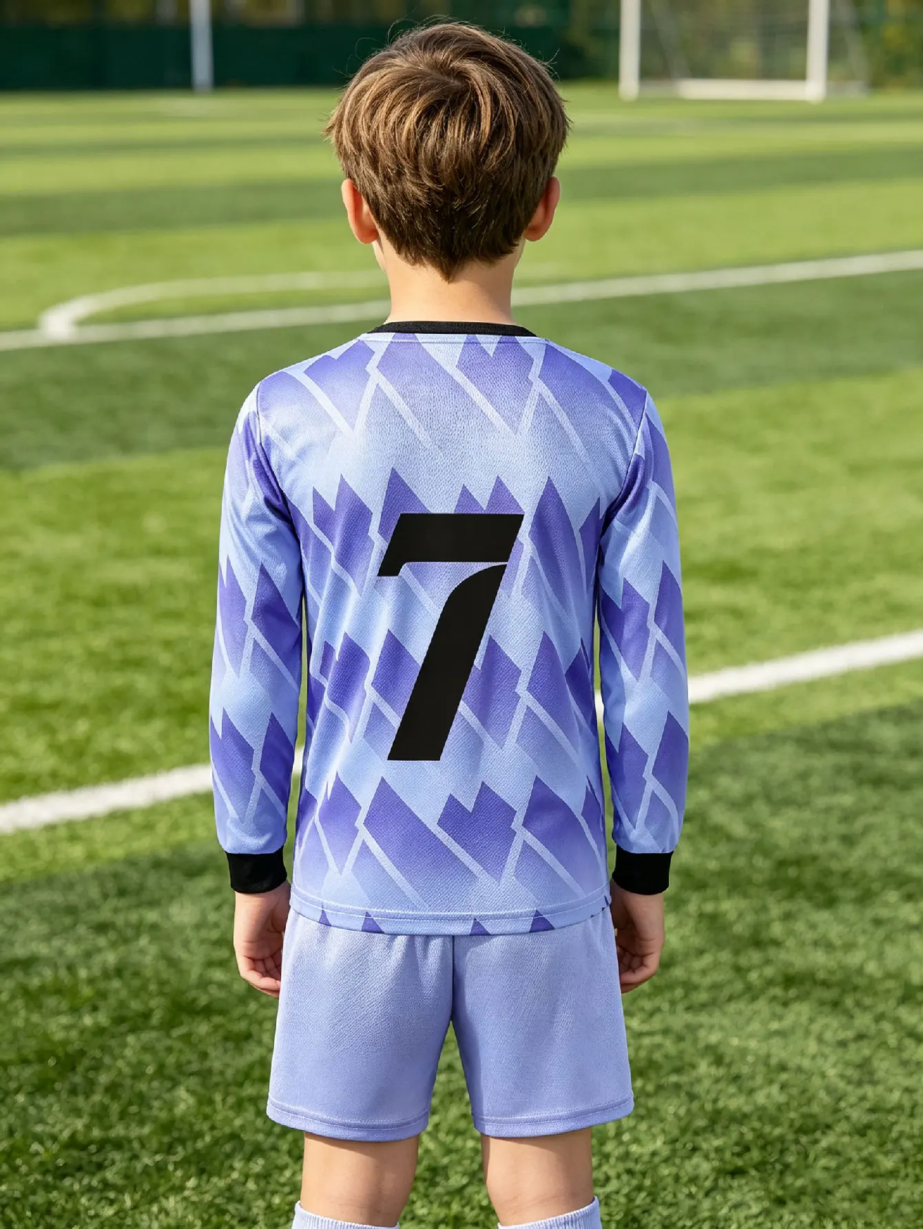 Customize Name Number Kids Boys Long Sleeve Soccer Jersey Set Purple Black Breatha Quick Dry Training Match