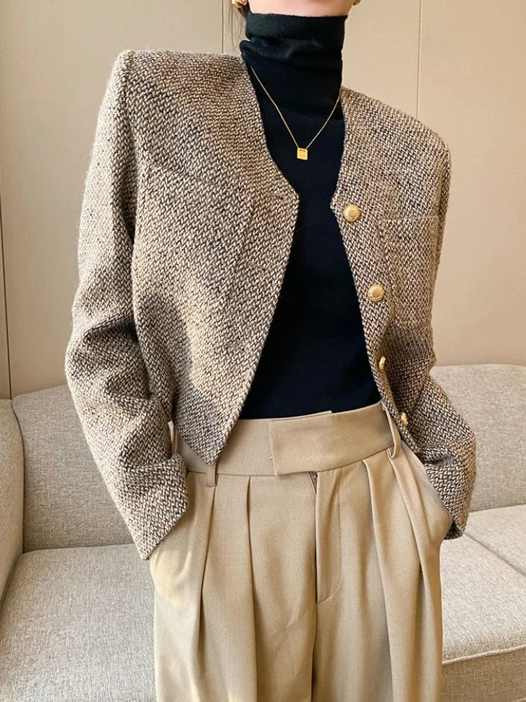 

Vintage Cropped Tweed Jackets for Women Chic Elegant Short Autumn Coat Women Korean Pocket Slim Single-Breasted Casual Jackets