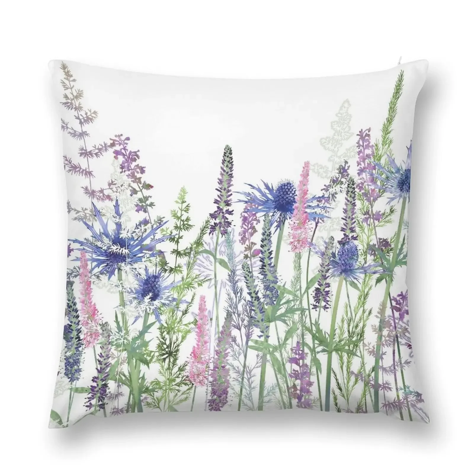 Flower Meadow - Sea Holly, Veronica Flowers, Catmint, Grasses Throw Pillow Sitting Cushion Pillow Case Christmas pillow