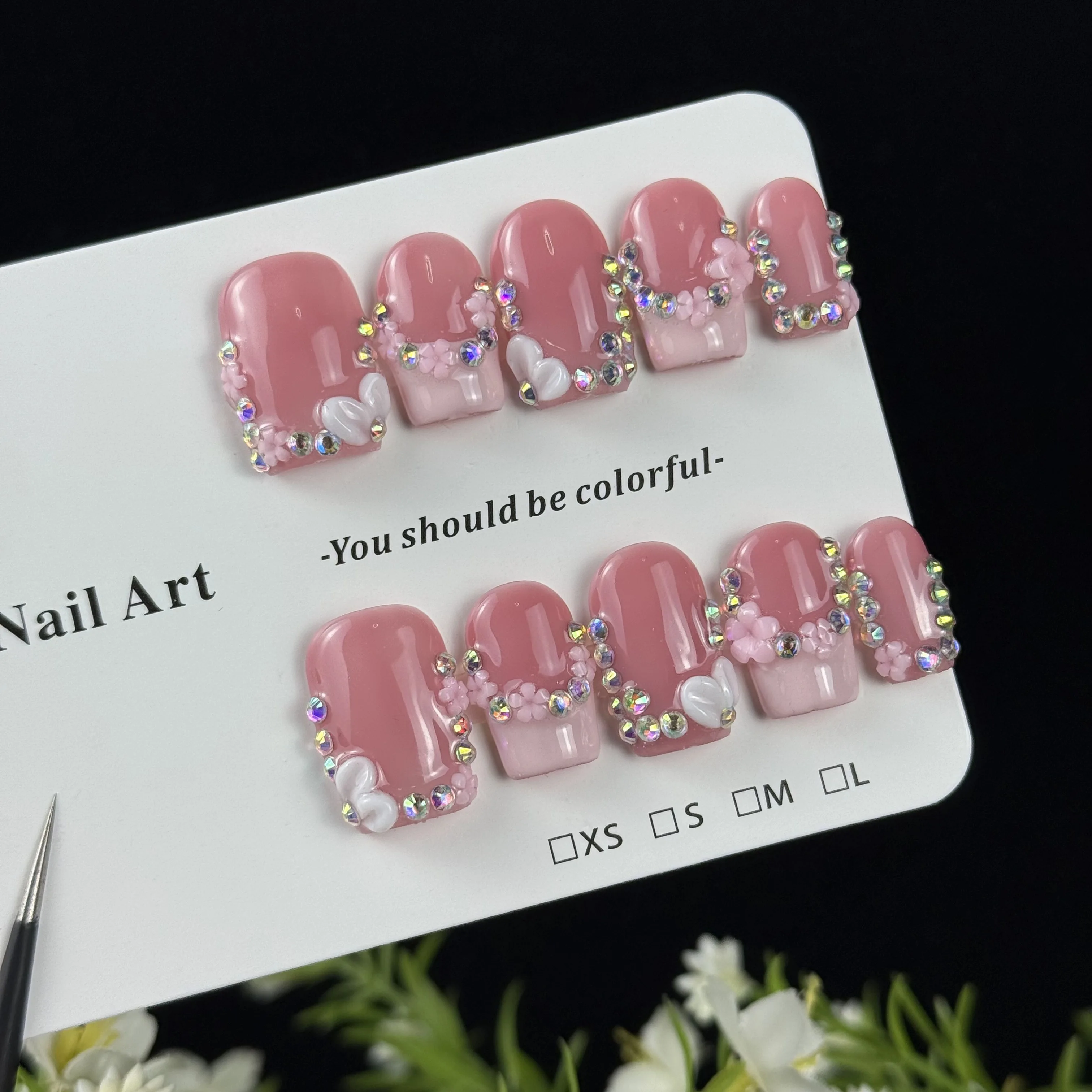 10pcs high-end Sweetheart girl style, hand-painted three-dimensional carved patterns, sparkling pile diamonds handmade fake nail