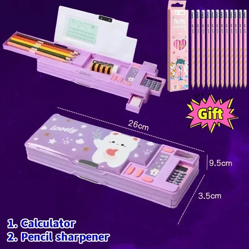 estojo de plastico multifuncional criativo com calculadora para estudantes do ensino fundamental caixa criativa magnetica dupla face 01