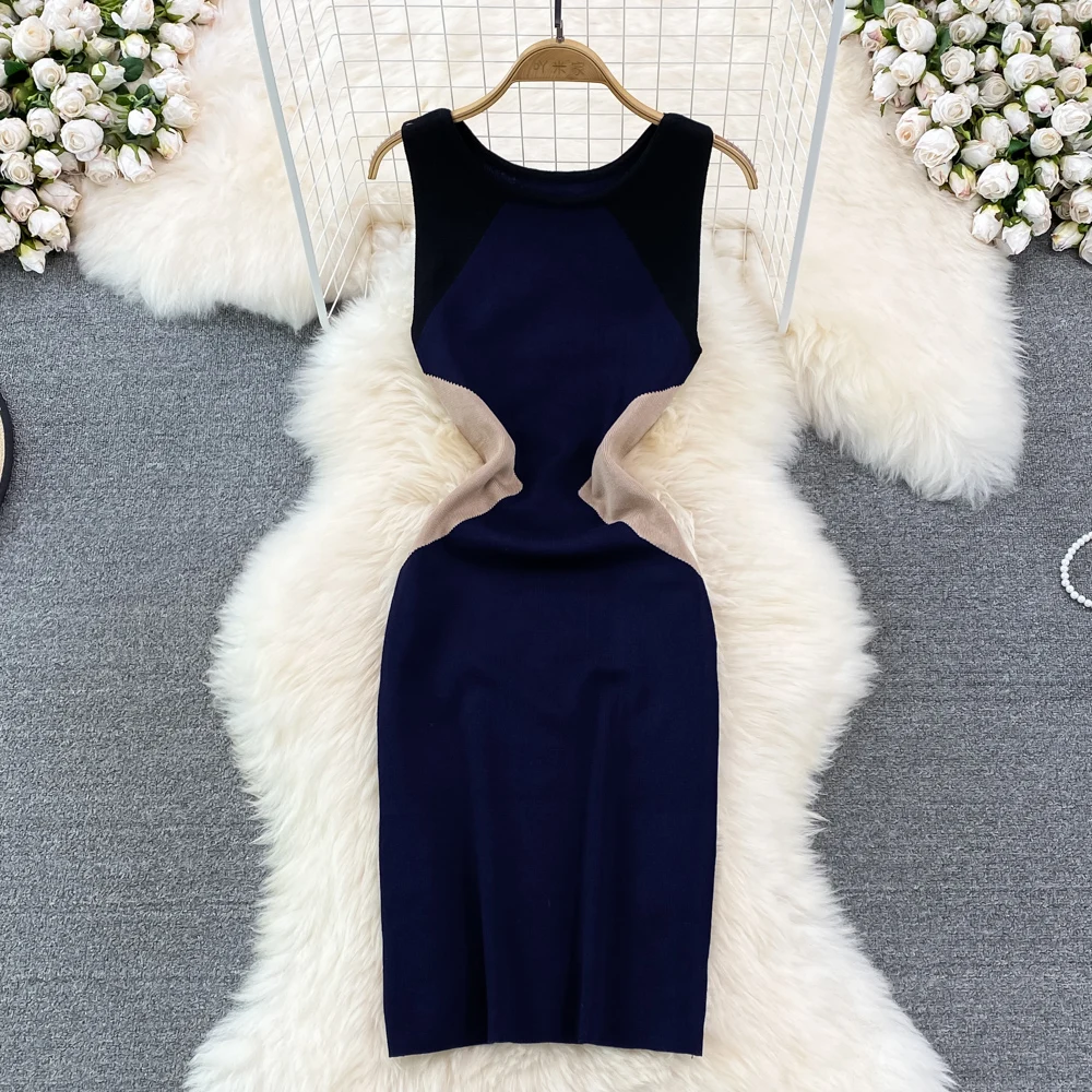 Women Chic Sleeveless Bodycon Midi Dress Sexy Korean Fashion Knit Wrap Vestidos Summer Casual Elastic Slim Pencil Dress Y2k