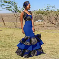 African Women Dresses for Formal Occasions Sleeveless Long Mermaid Dress with Headwrap Party Ladies Wedding Clothes Y2225039