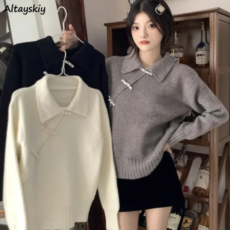 Pullovers Women 3 Colors Pearls Chic Knitted Windproof Spring Autumn Design Turn-down Collar Young Loose Soft Simple Casual Ins