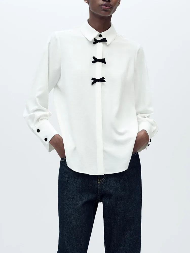 Lente nieuwe collectie dames casual irt met stippen vlinderdas lange Sve turn-down kraag losse pasvorm woon-werkverkeer sle 236623