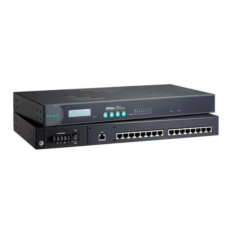 

Moxa NPort 5630-16 5630-8 RS-422/485 rackmount device server with RJ45 connectors and 100-240 VAC power input