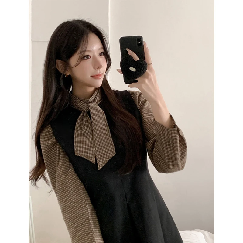 Vintage Plaid Shirts Frauen Harajuku Spitze Up Blusen Frühling Herbst Büro Damen Elegante Koreanische Lange Hülse Lose Design Tops Neue