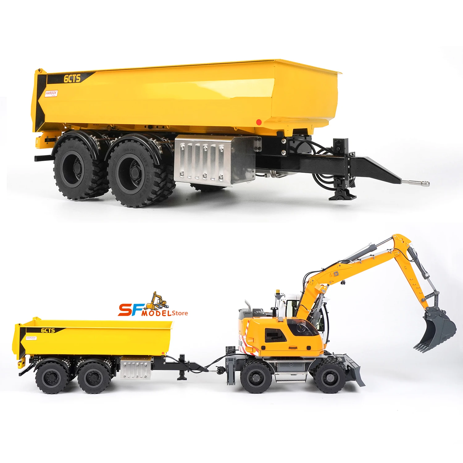 

RC Hydraulic Dump Trailer 1/14 2-axle Metal RC Trailer with Support Legs RTR Suitable for 914 Wheeled Excavator Model Toy