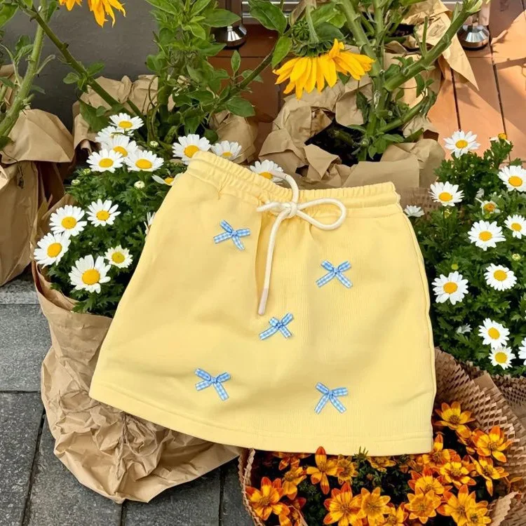 

summer baby girls A-line skirt yellow short skirt children Korean sweet bow patch hip kids clothes toddler 2 to 10 years