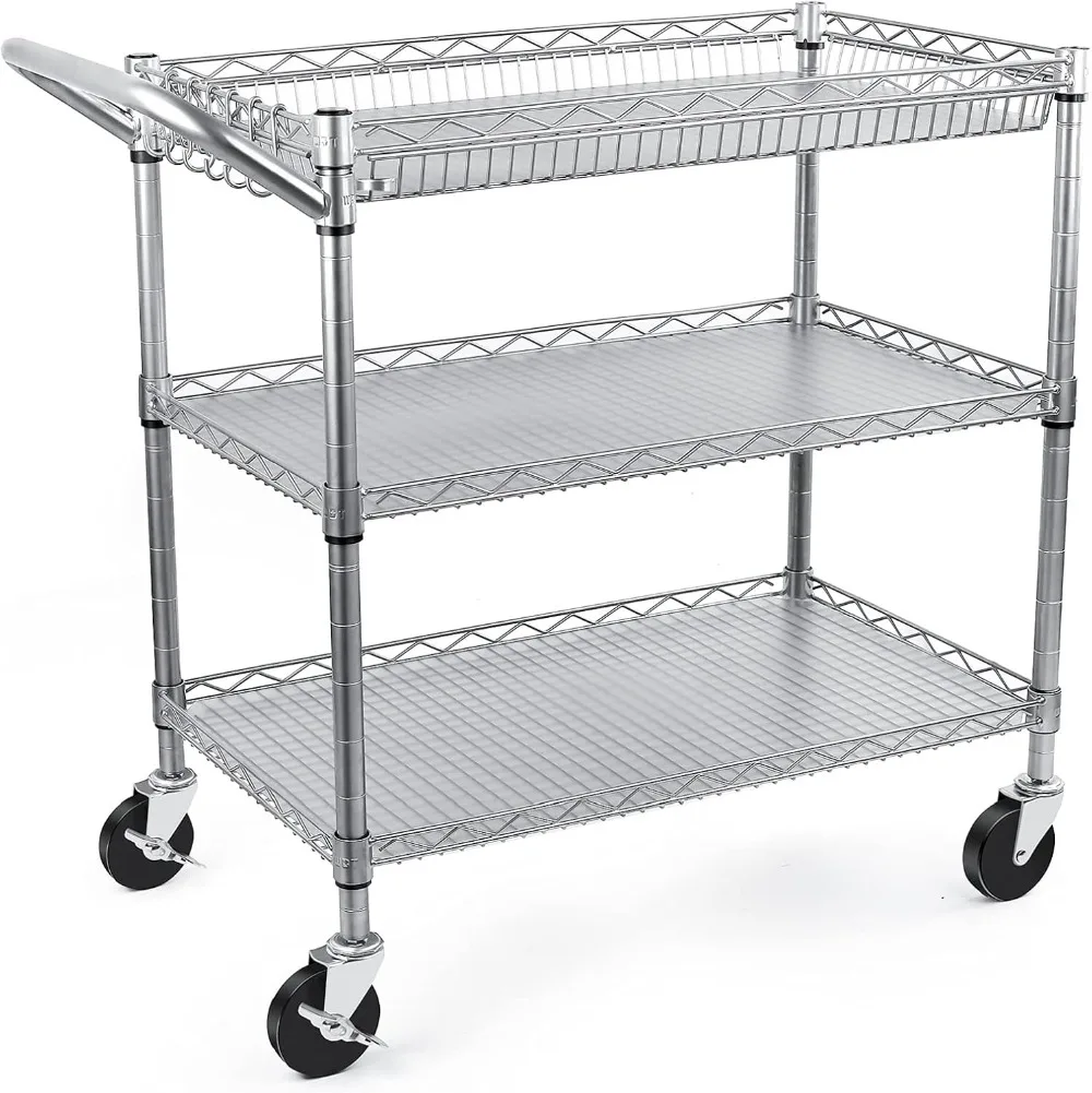 

3 Tier Utility Cart,990Lbs Capacity Wire Rolling Cart with Wheels with Shelving Liners and Handle Bar Metal Carts for Kitchen