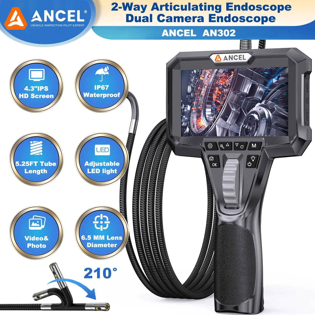 

2-Way Articulating Borescope Camera 7 LED Light Industrial Endoscope Inspection Camera 6.5MM Front and Side Camera ANCEL AN302
