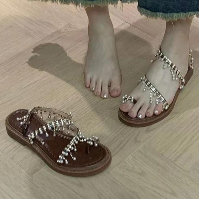 Women's Sandals Summer New Flat Round Head Set Toe Beaded Tassel Slippers Casual Fashion Innovation Light Sandals