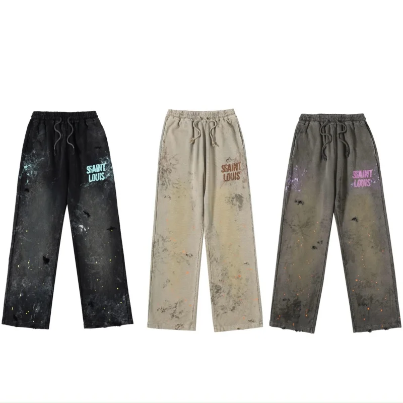 

Vintage Washed Graffiti Printed Casual Sweatpants SAINT LOUIS Man Woman Best Quality Straight Jogger Pants With Tags