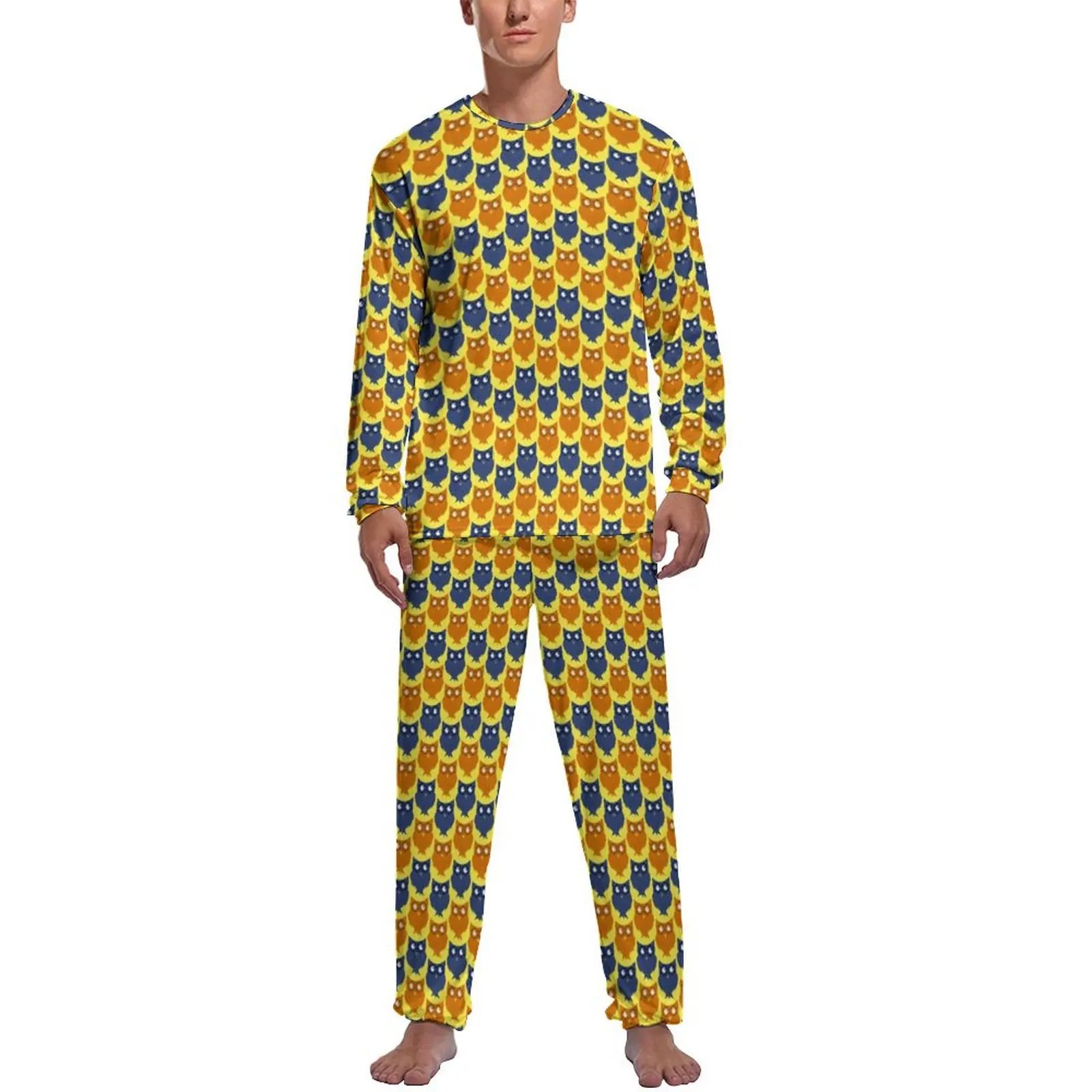 Owl Design Pajamas Daily Lil Hatchling Print Sleep Sleepwear Man Two Piece Printed Long-Sleeve Kawaii Pajamas Set