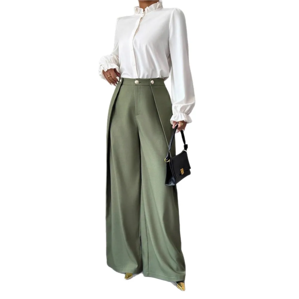 Pantaloni eleganti da donna a gamba larga Pantaloni casual con trama pieghettata Pantaloni dritti drappeggiati autunnali Pantaloni versatili femminili alla moda