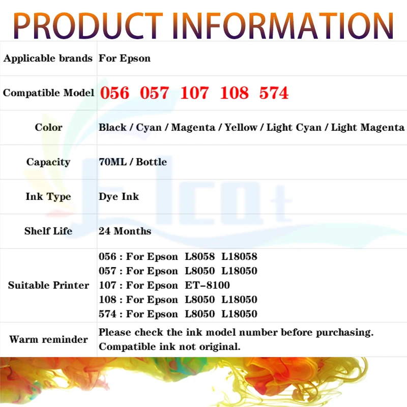 056 057 107 108 574 عبوة حبر الصبغ لإبسون 056 057 107 108 574 حبر إعادة التعبئة للطابعة Epson L8050 L8058 L18050 L18058 ET-18100
