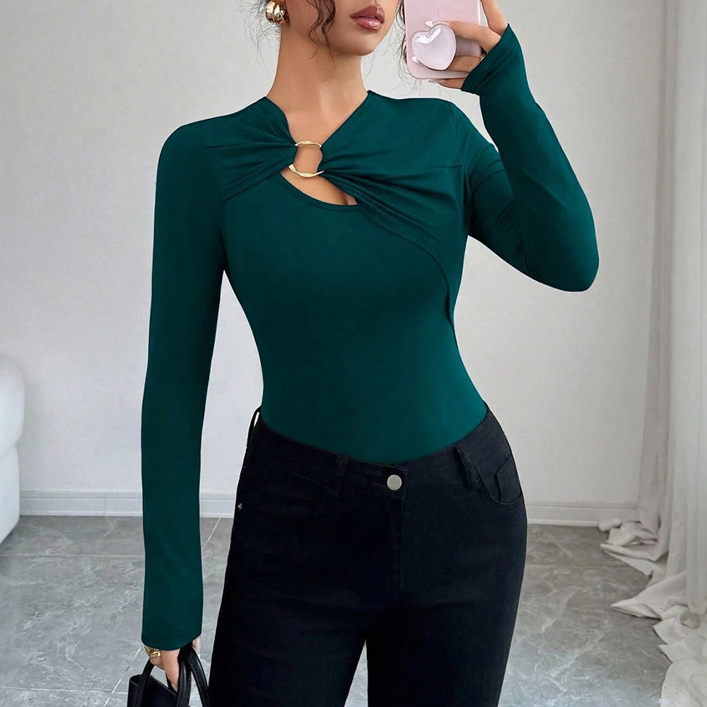 

Облегающий металлический декоративный асимметричный ажурный женский топ, модная осенняя рубашка в европейском и американском стиле, трансграничная