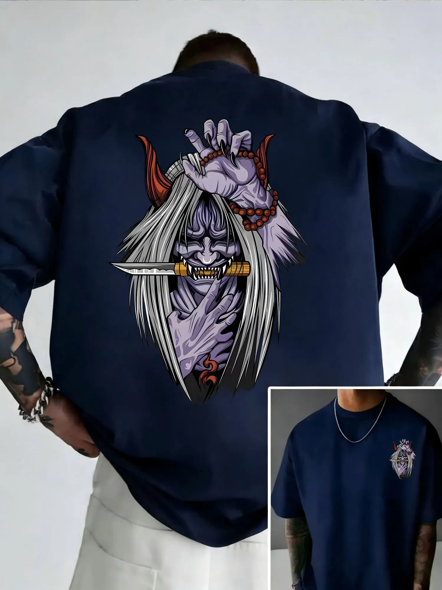 Men's Prajna Ghost Face Samurai Knife Pattern T-shirt Casual | Japanese Trendy Design | Summer Daily Street Dressing