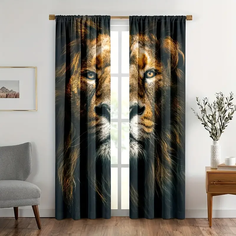 2pcs Lion Curtains African Wildlife Animal Window Drapes Grassland King Of Jungle Tree Window Curtains For Bedroom Living Room O