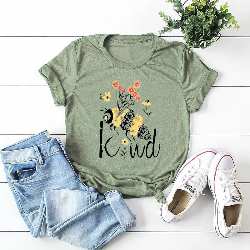 

Women's Honeybee ort Sve T-irt Street Sle Loose Fit Cotton Printed Summer Faion Ladies' Top Quali Cotton Tee