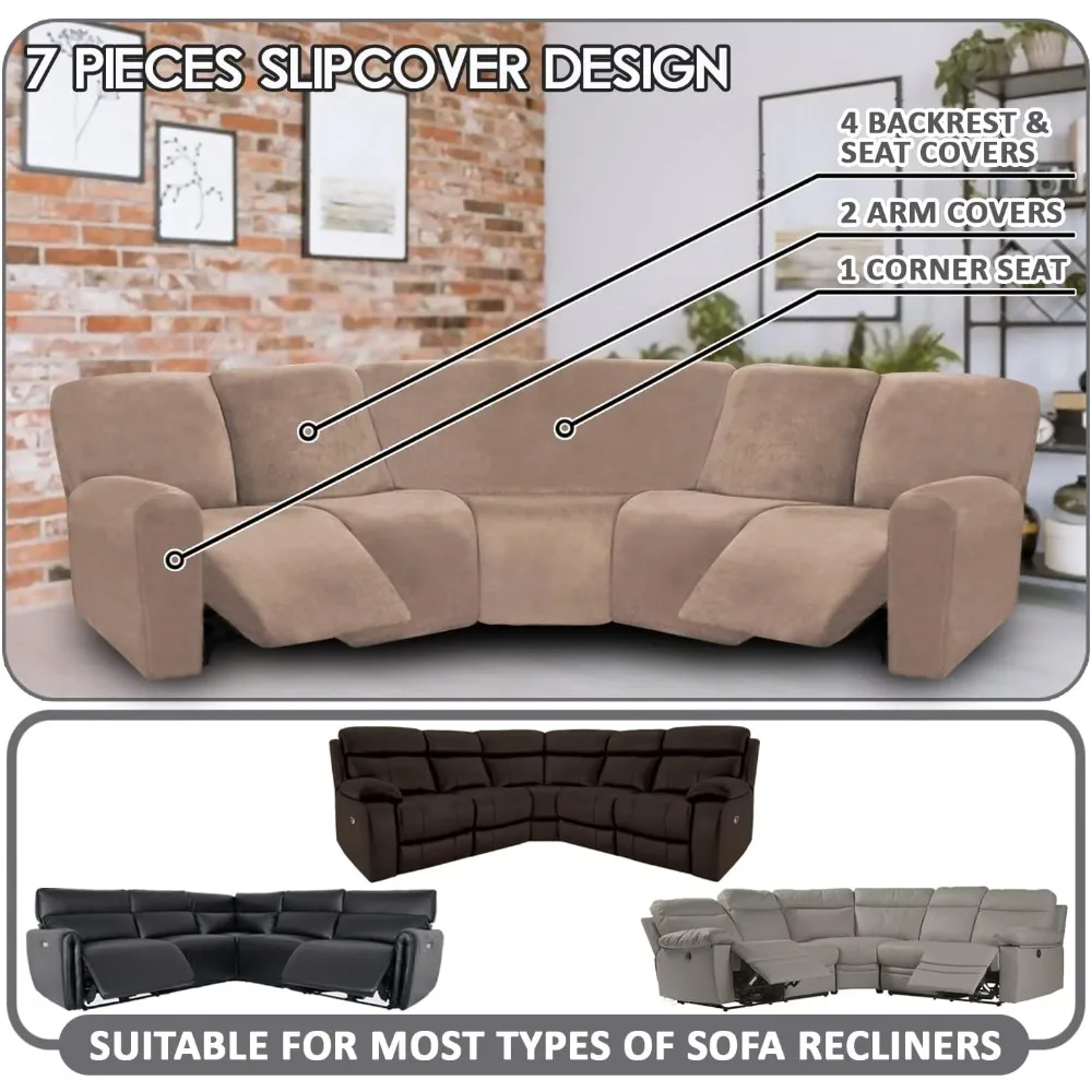 

7-Piece L Shape Sectional Recliner Sofa Covers, Velvet Stretch Reclining Couch Covers, Thick (Taupe, 5 Seat Recliner Cover)