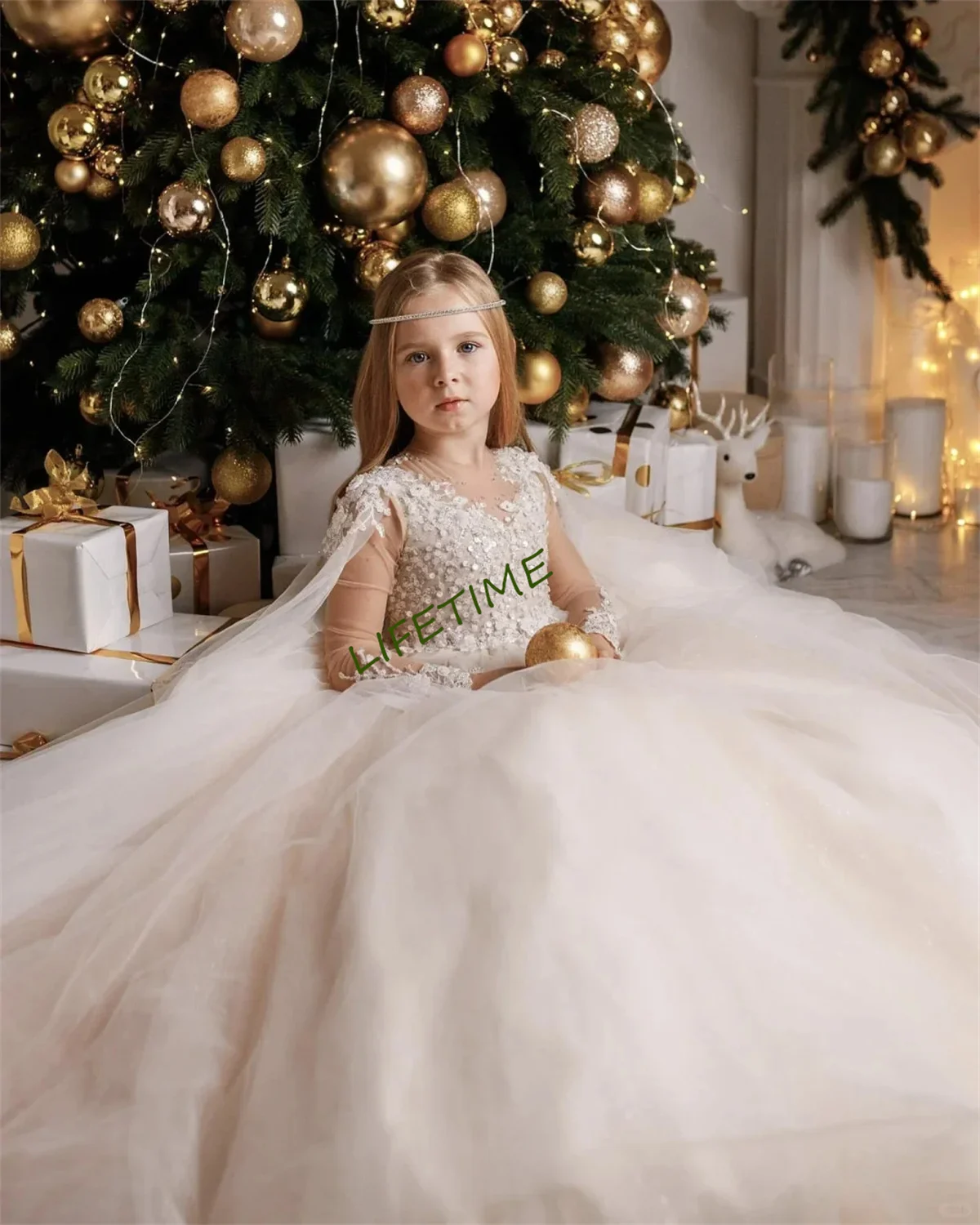 

Elegant Tulle Sequins Puffy Flower Girl Dress For Wedding Applique Full Sleeve Kids Birthday Party First Communion Ball Gowns