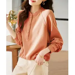 Simplicity Casual Autumn Pullovers T-shirt Women's O-Neck Solid Button Fashion Office Lady Loose Long Sleeve Sweatshirts Tops