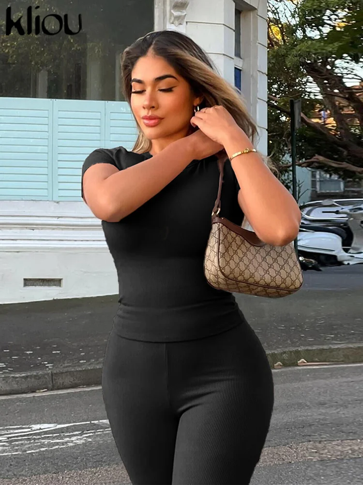 kliou Casual 2Piece Set Women Tracksuits Trend Summer Sporty Short Sleeve O-neck T-shirts+High Waist Pants Female Active Outfits