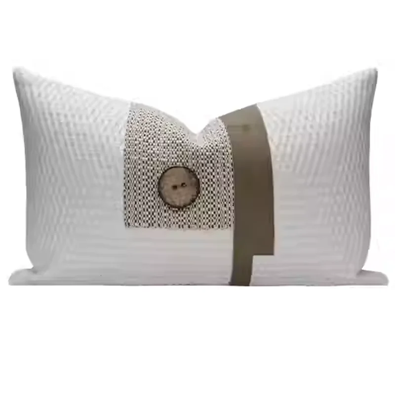 

New Chinese-Style Gray-White Textured Sofa Pillow Cover with Vertical Leather Strips Waist Pillow and Headboard Cushion Cover