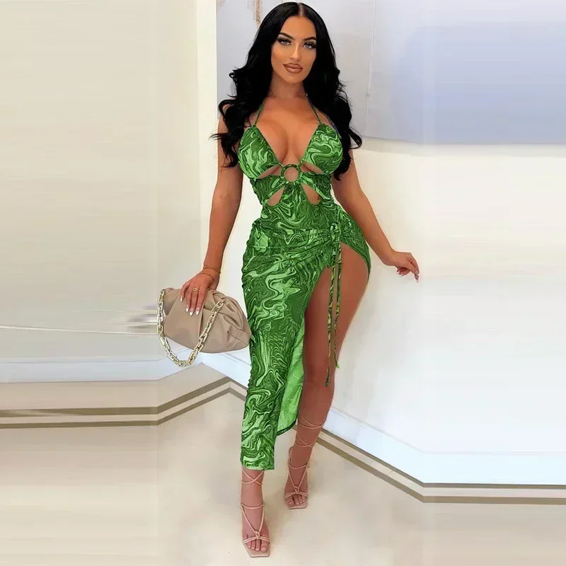 GUWU Sexy Strand-Set mit Wellenmuster, hochgeschlitztem, gerafftem Maxirock und ärmellosem Bodysuit für Damen – passendes Set