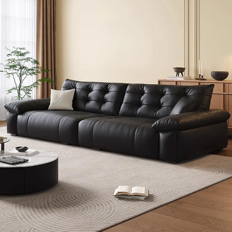 

Italian Minimalist Black Leather Sofa Against The Wall Electric Function Leather Sofa Three-person First-layer Cowhide Sofa