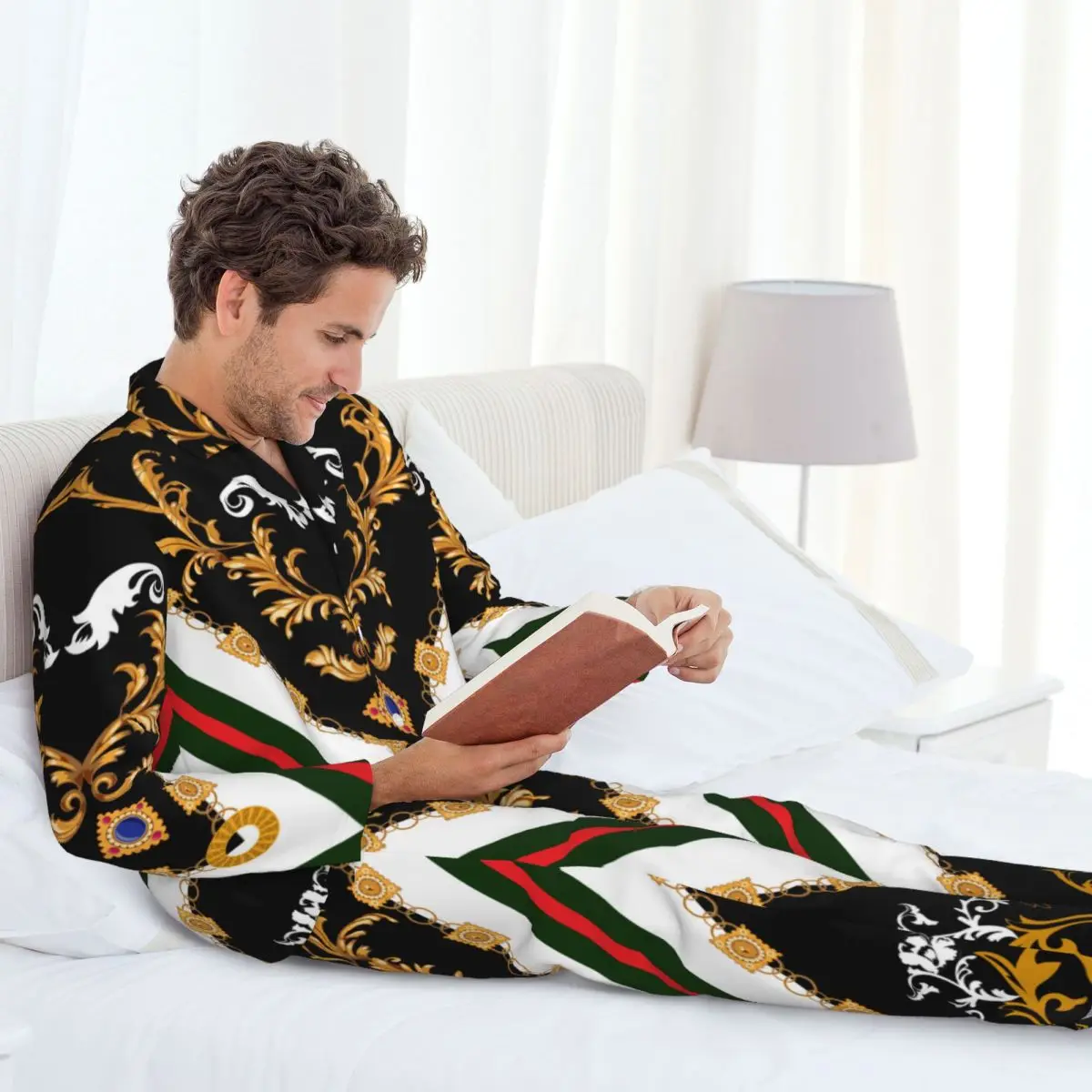 Padrão barroco com correntes calças de manga comprida pijamas para homens outono e inverno conjuntos de pijamas homewear