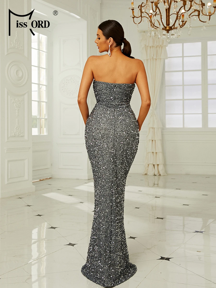 Missord Elegant Grey Sequin Dress Women Strapless Folds Bodycon Mermaid Wedding Party Prom Dresses Long Evening Gown