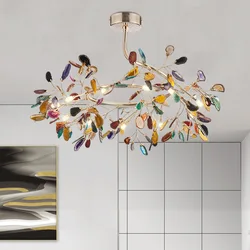 Nordic Colorful Agate LED Chandeliers Romantic Leaves Shape Pendant lamp Art Room Hall Living Room Decoration LED Lights