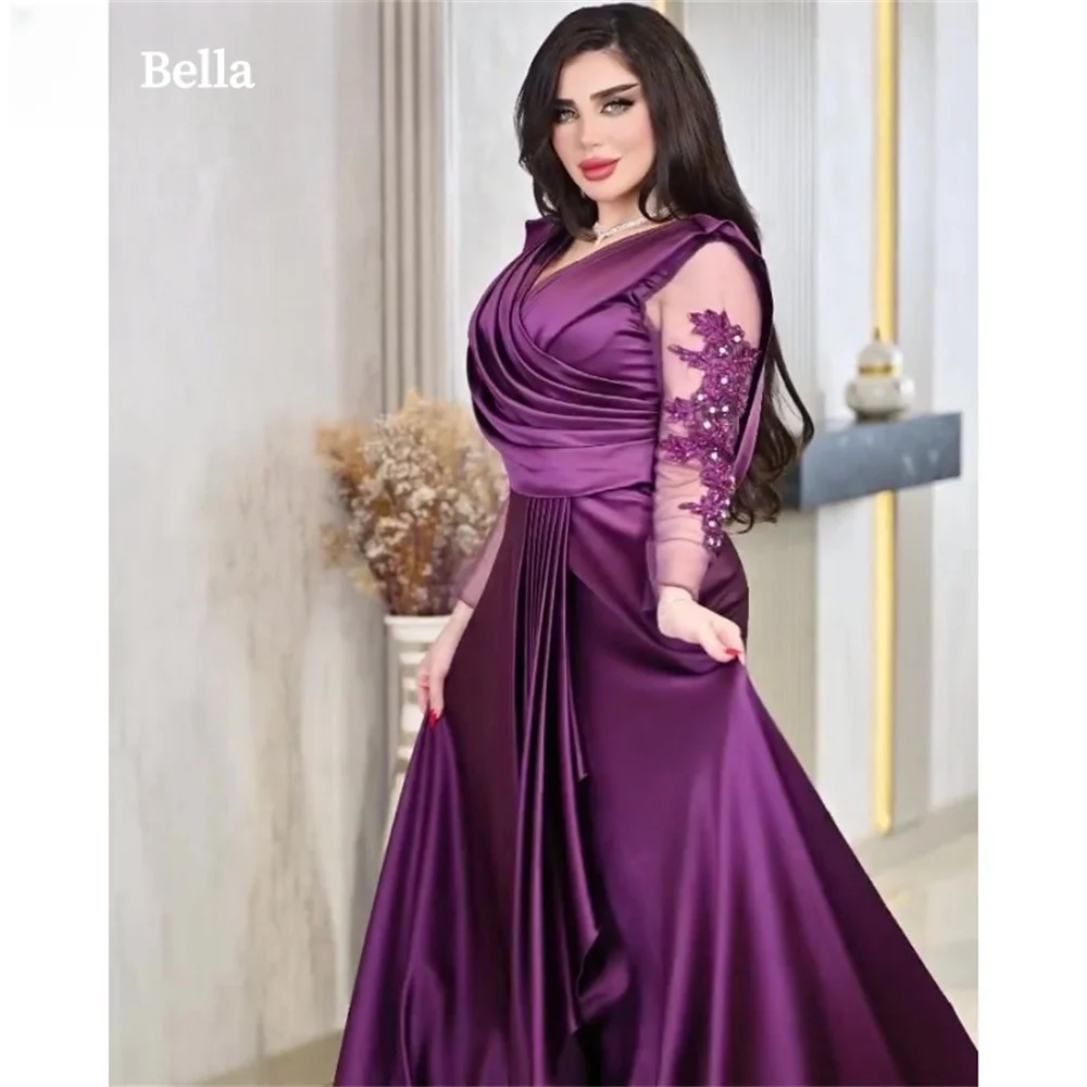 Bella Purple Satin robes de soirée V-neck Plus Size Lace Customized Sleeves Evening Dresses Floor-length A-line Wedding Dress