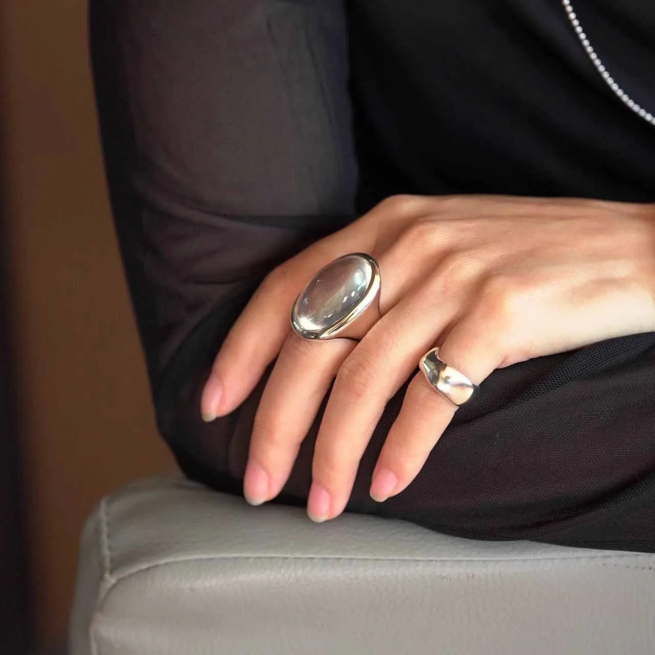 PANJBJ 925 Sterling Silver Geometry Crystal Ring For Women Ellipse Exaggerated Punk Water Drop Open Jewelry Gift Dropshipping