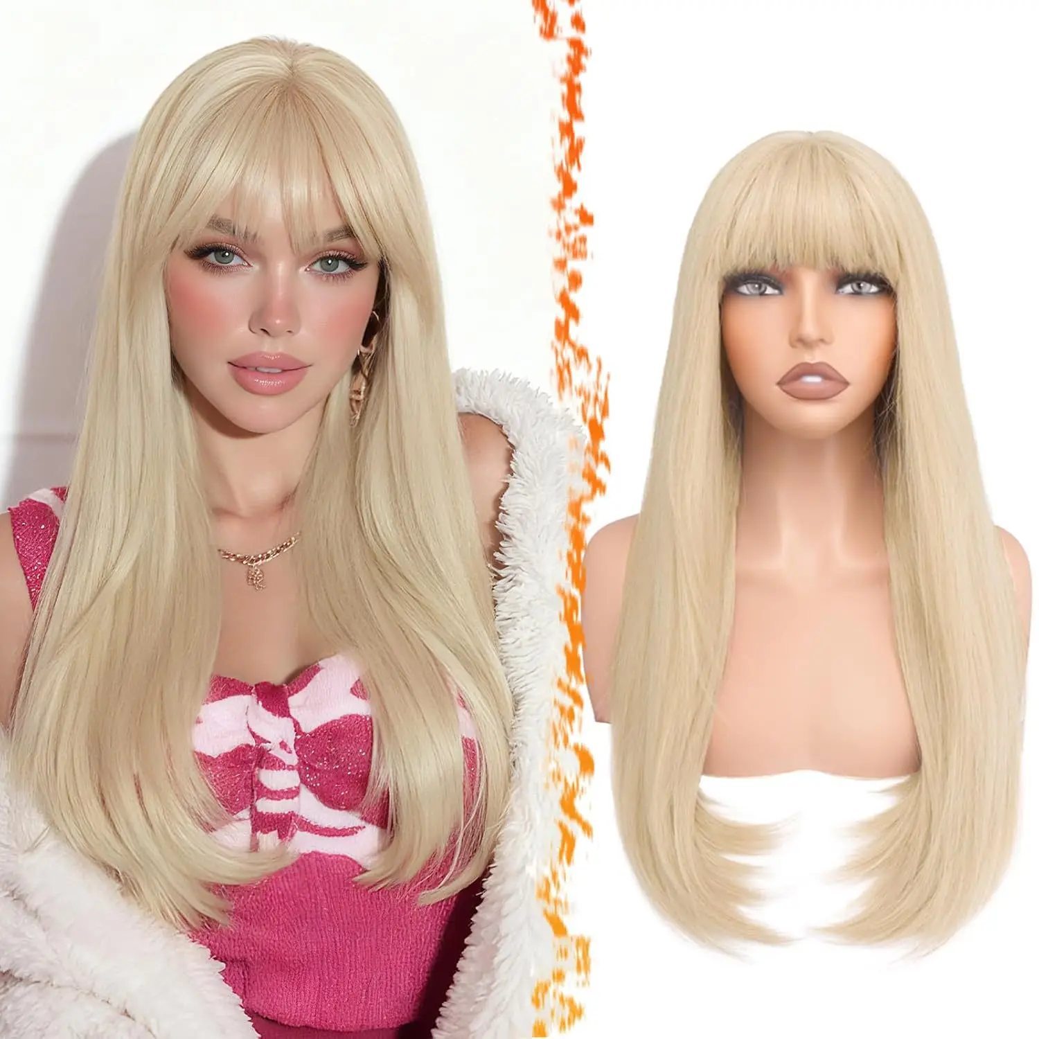 Perruque synthétique de 26 pouces avec cheveux longs et raides - Accessoire de cheveux pour cosplay d'Halloween - Perruque quotidienne - Bonnet pour cheveux résistant aux hautes températures