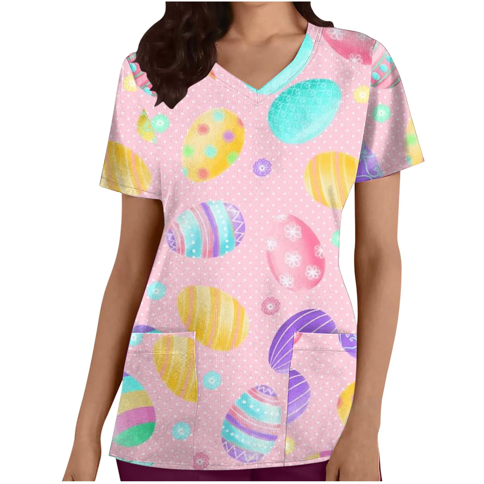 2024 Easter hot European and American women's protective work clothes V-neck pocket short sleeved Easter egg 3D printed top