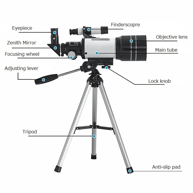 Imagem -03 - Telescópio Astronômico 70 mm Grande Angular 150x Refração Monocular Telescópio com Tripé Assistindo Lua Melhor Presente para Crianças F30070m