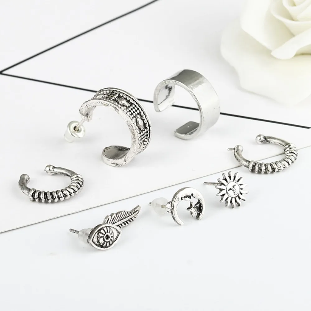 1set Bohemian Vintage Leaf Sun Moon Set of Earrings - Seven-piece Set