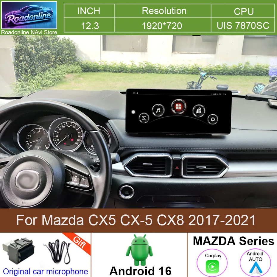 12.3 Inch QLED Screen Multimedia Video Player For Mazda CX5 CX-5 CX8 2017-2021 CarPlay Android 16 Car Radio 8+256GB WiFi 4G