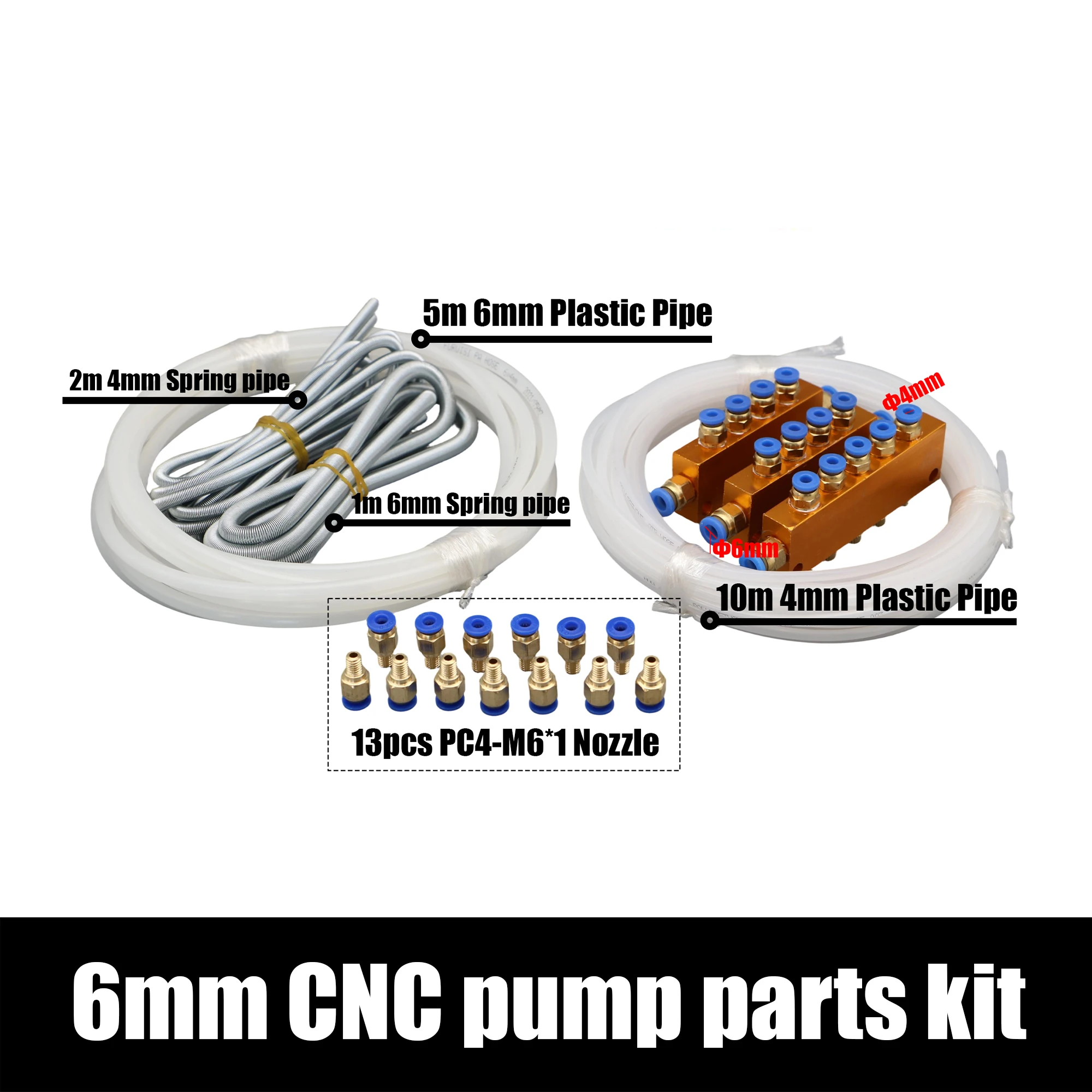 CNC Automatic Lubrication Pump Parts 4mm 6mm Plastic Pipe+Spring Pipe+13 pcs Nozzle+5 Ways Oil Distributor+4Ways Oil Distributor
